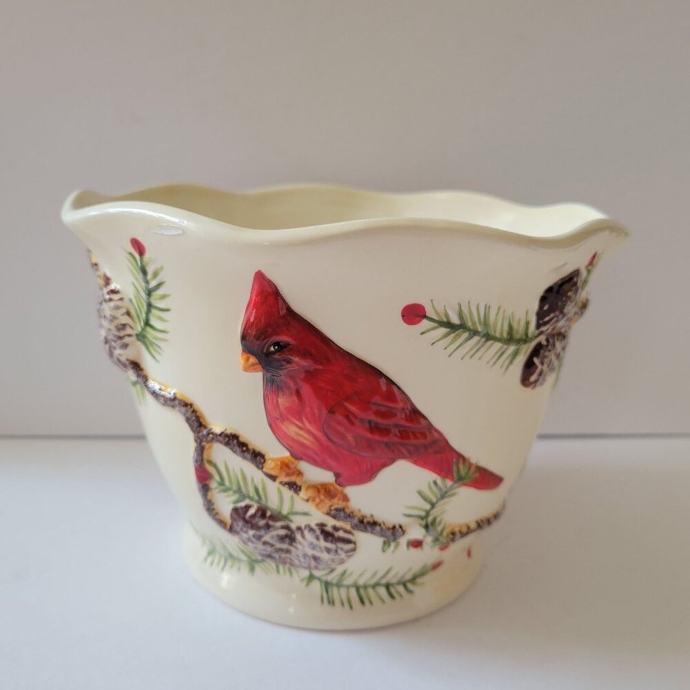 Jackson Perkins Ceramic Cardinal Planter - Hand-Painted Bird & Pinecone Design -